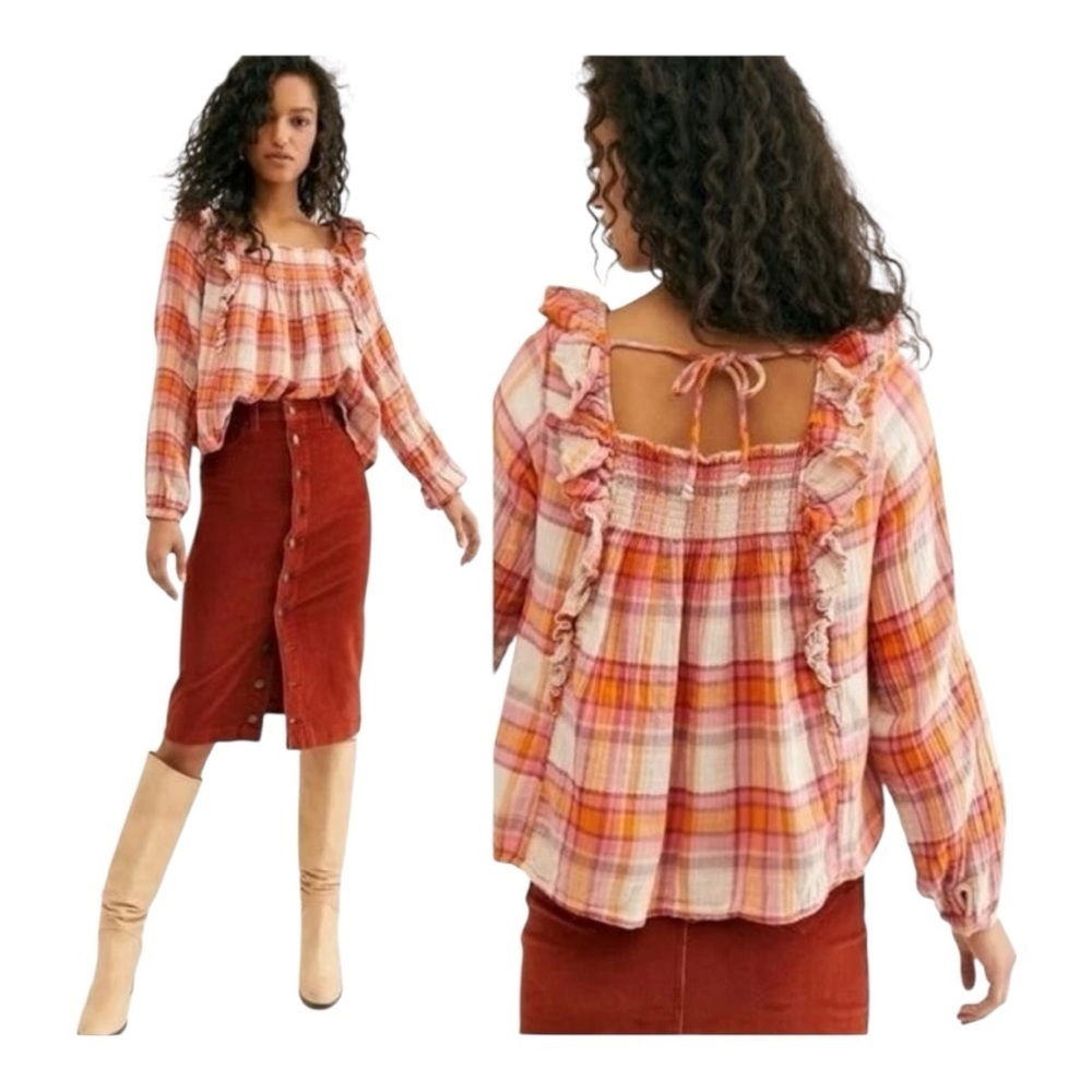 We The Free Siena Orange Plaid Ruffle Pullover - Cozy Meets Cute